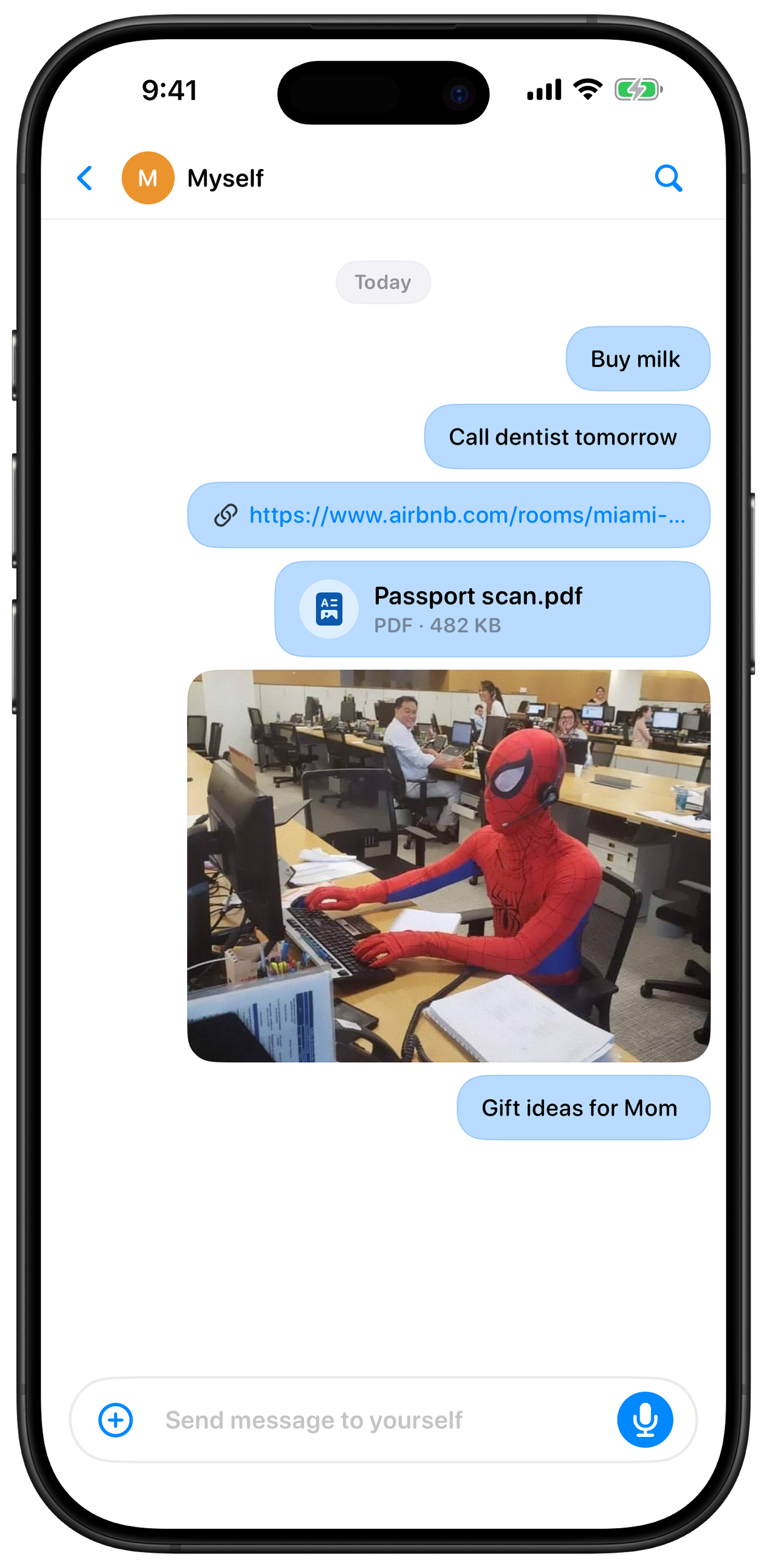 Mybox app screen showing offline private messages, saved links, files, photos, and notes